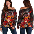 Aboriginal Women's Off Shoulder Sweater- Indigenous Fish Hand Art - Vibe Hoodie