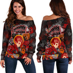 Aboriginal Women's Off Shoulder Sweater- Indigenous Fish Hand Art - Vibe Hoodie