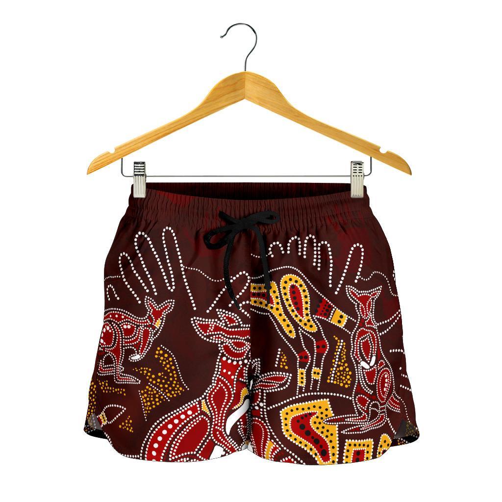 Aboriginal Women's Shorts - Kangaroo family with Hand Art - Vibe Hoodie