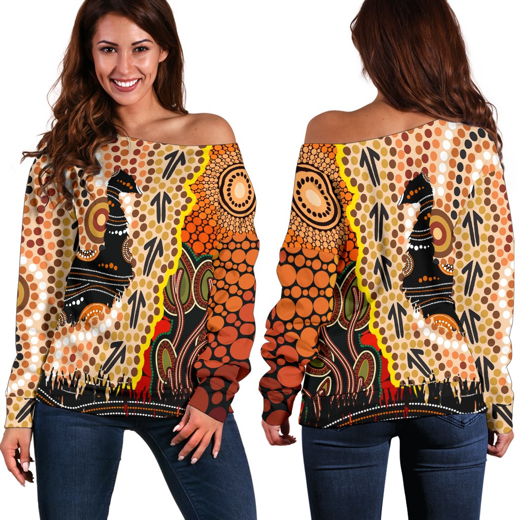 Off Shoulder Sweater - Australian Aboriginal Sun and Emu - Vibe Hoodie