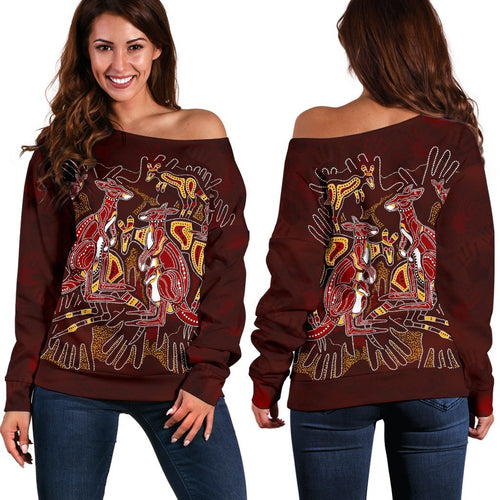 Aboriginal Women's Off Shoulder Sweater - Kangaroo family with Hand Art - Vibe Hoodie