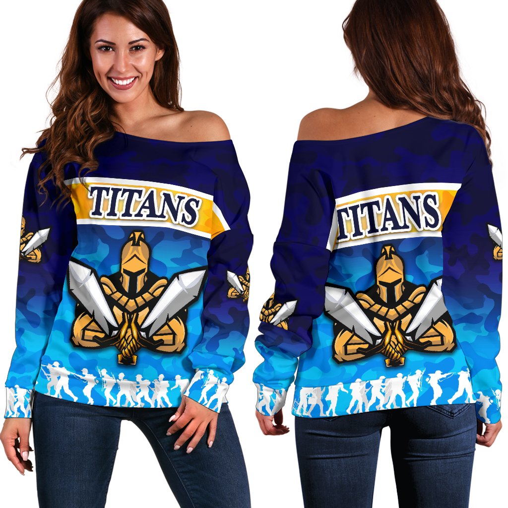Gold Coast Women Off Shoulder Sweater Titans Gladiator Anzac Day 2021 Version - Camouflage - Vibe Hoodie