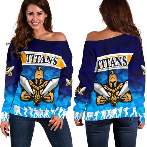 Gold Coast Women Off Shoulder Sweater Titans Gladiator Anzac Day 2021 Version - Camouflage - Vibe Hoodie
