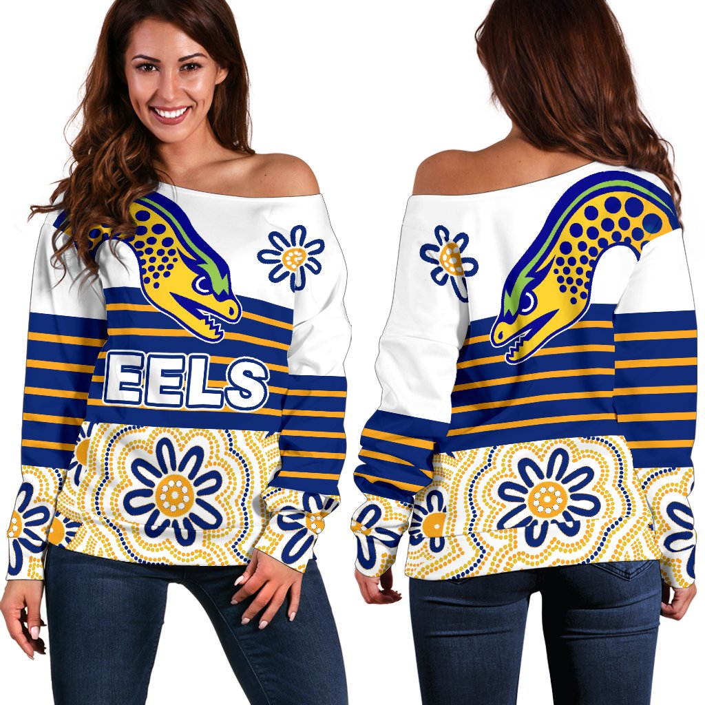 Eels Rugby Off Shoulder Sweater Indigenous Parramatta Newest White - Vibe Hoodie
