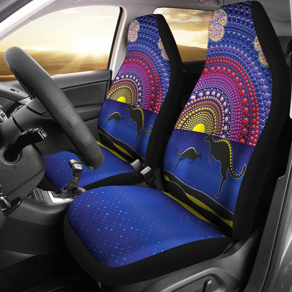 aboriginal-car-seat-covers-sunset-over-the-sea-and-kangaroo-dot-painting