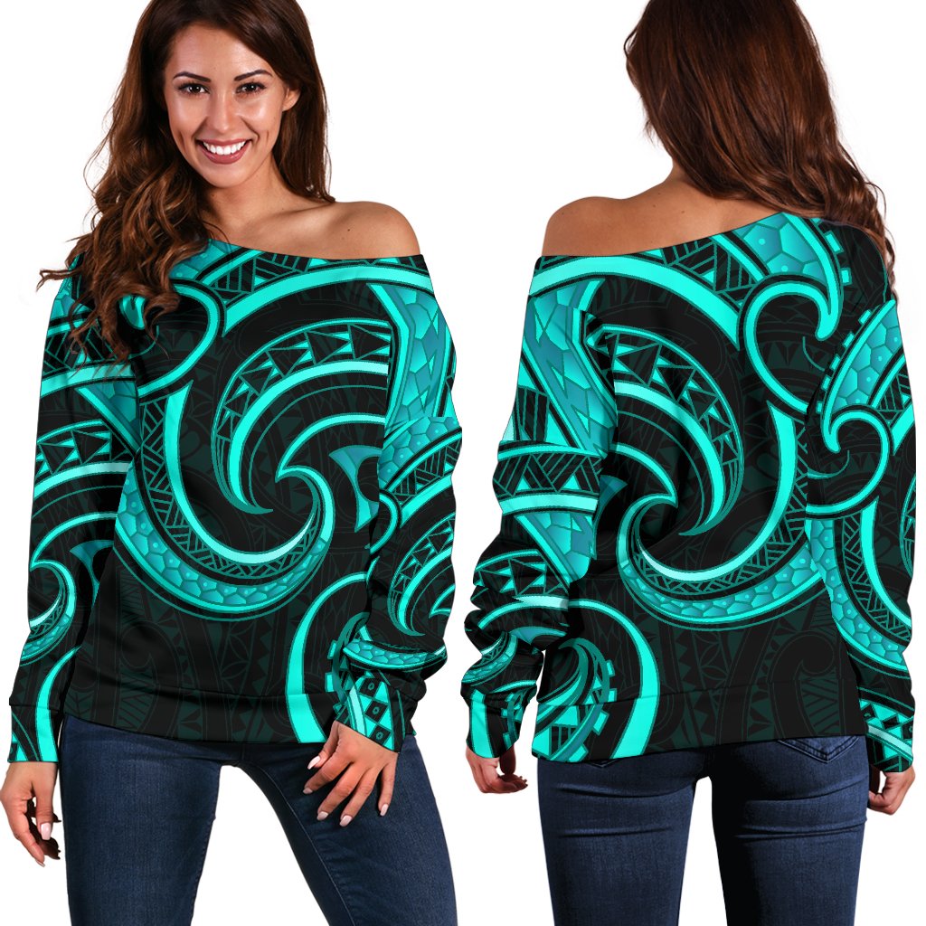 New Zealand Maori Mangopare Women Off Shoulder Sweater Polynesian - Turquoise - Vibe Hoodie