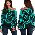 New Zealand Maori Mangopare Women Off Shoulder Sweater Polynesian - Turquoise - Vibe Hoodie