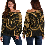 New Zealand Maori Mangopare Women Off Shoulder Sweater Polynesian - Gold - Vibe Hoodie