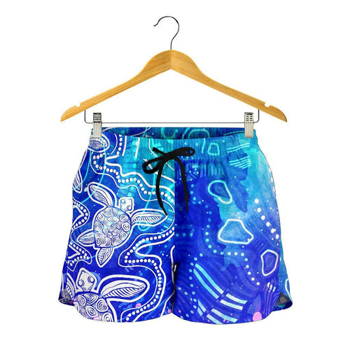 Aboriginal Women Shorts - Sea Turtle With Indigenous Patterns (Blue) - Vibe Hoodie