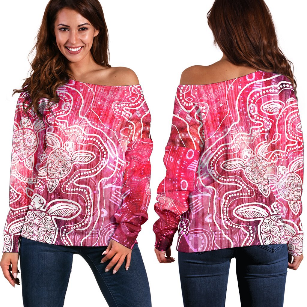 Aboriginal Women's Off Shoulder Sweaters- Sea Turtle With Indigenous Patterns (Pink) - Vibe Hoodie