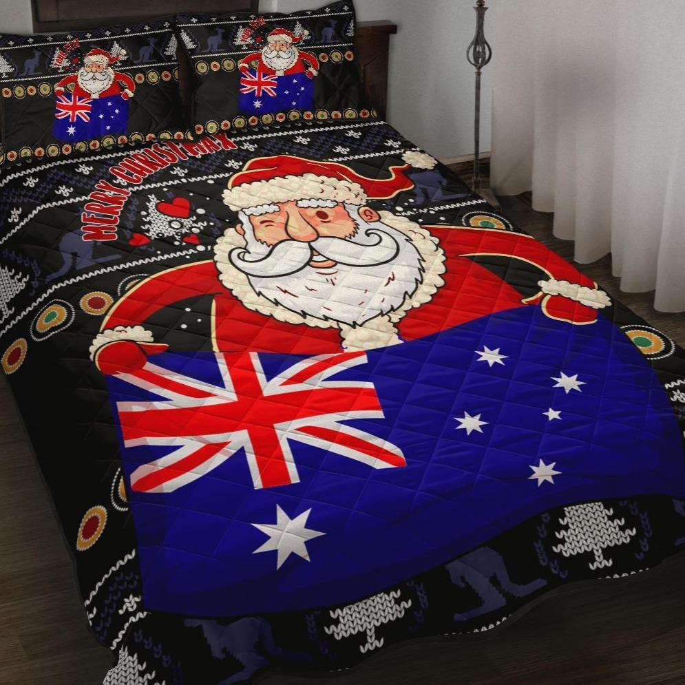 christmas-personalised-quilt-bed-set-australia-santa-claus-hold-the-flag-black