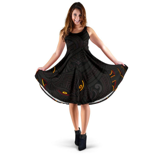 New Zealand Maori Gods Women Midi Dress Tumatauenga (God of War) - Black - Vibe Hoodie