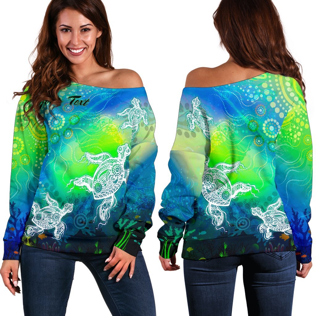 [Custom Text] Aboriginal Women's Off Shoulder Sweater - Indigenous Turtle Ocean Dot Painting Art - Vibe Hoodie