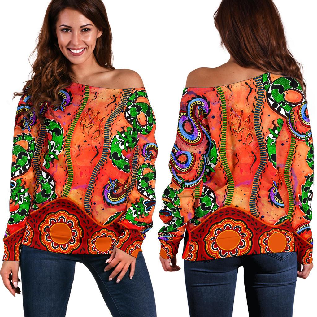Aboriginal Women's Off Shoulder Sweater - Aussie Indigenous Patterns Orange - Vibe Hoodie