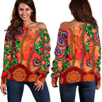 Aboriginal Women's Off Shoulder Sweater - Aussie Indigenous Patterns Orange - Vibe Hoodie