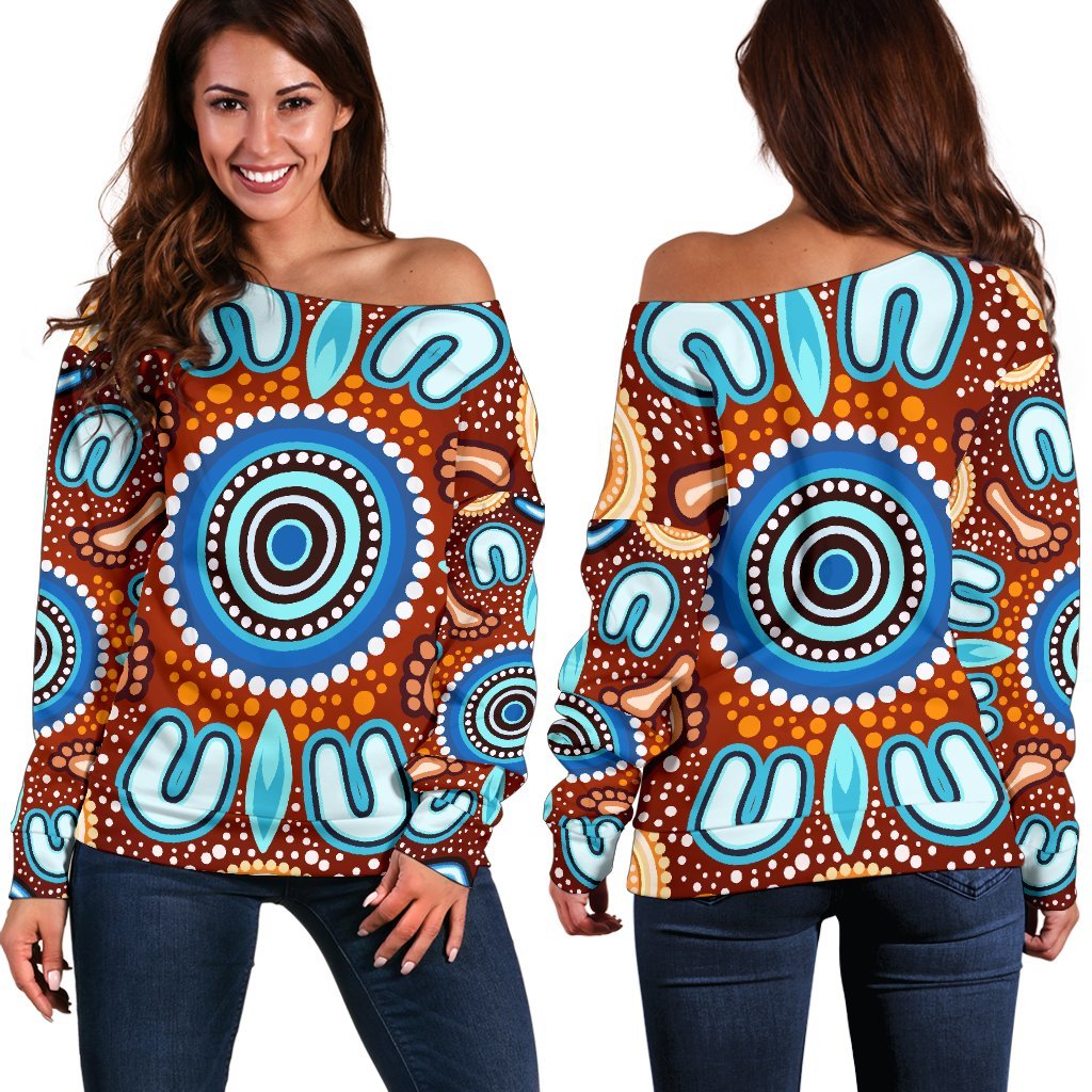 Aboriginal Women's Off Shoulder Sweater- Indigenous Circle Dot Painting Ver02 - Vibe Hoodie