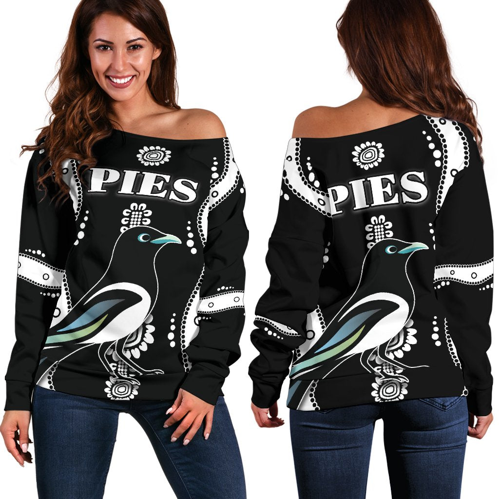 Collingwood Women Off Shoulder Sweater  Pies Indigenous - Black - Vibe Hoodie