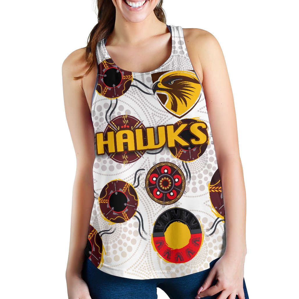 Hawthorn Women Racerback Tank Hawks Indigenous - White - Vibe Hoodie
