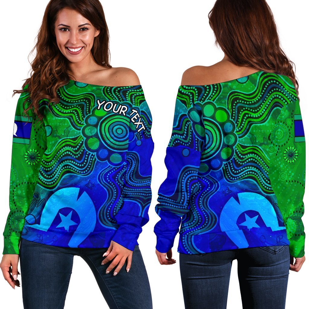 [Custom] Aboriginal Women's Off Shoulder Sweater , Torres Strait Islands Flag - Vibe Hoodie