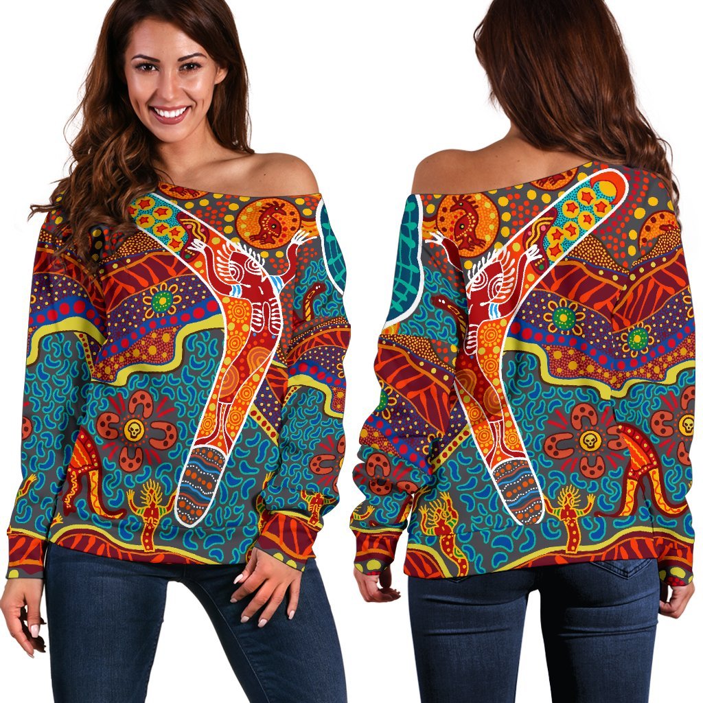 Aboriginal Women's Off Shoulder Sweater - Indigenous Boomerang - Vibe Hoodie