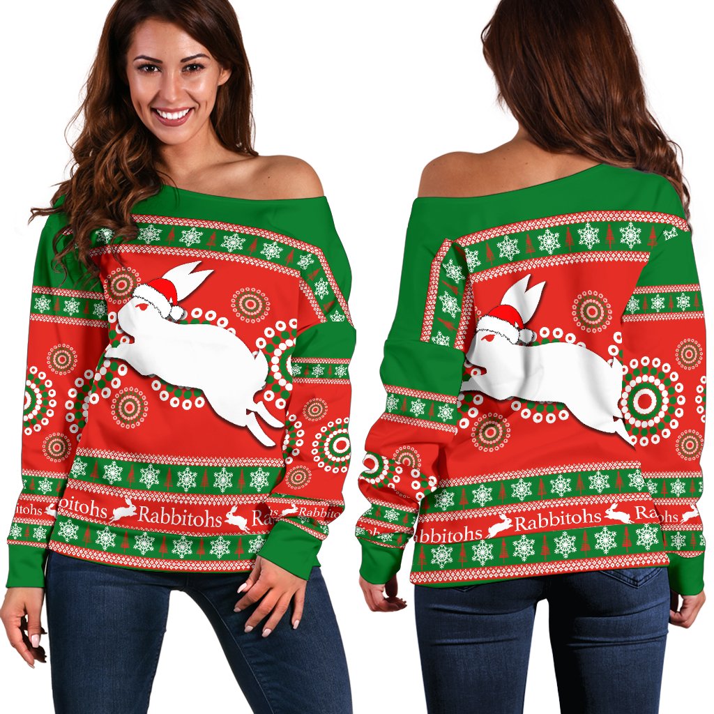 Rabbitohs Christmas Women's Off Shoulder Sweater - Vibe Hoodie