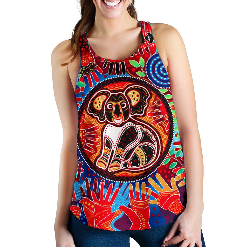 Aboriginal Women's Racerback Tank, Koala and Hand Art Dot Painting Tank Top - Vibe Hoodie