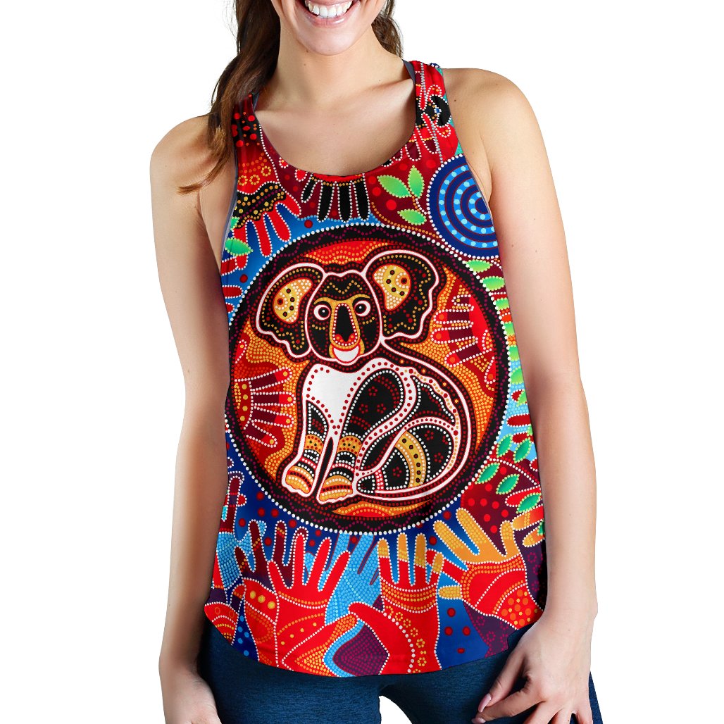Aboriginal Women's Racerback Tank, Koala and Hand Art Dot Painting Tank Top - Vibe Hoodie