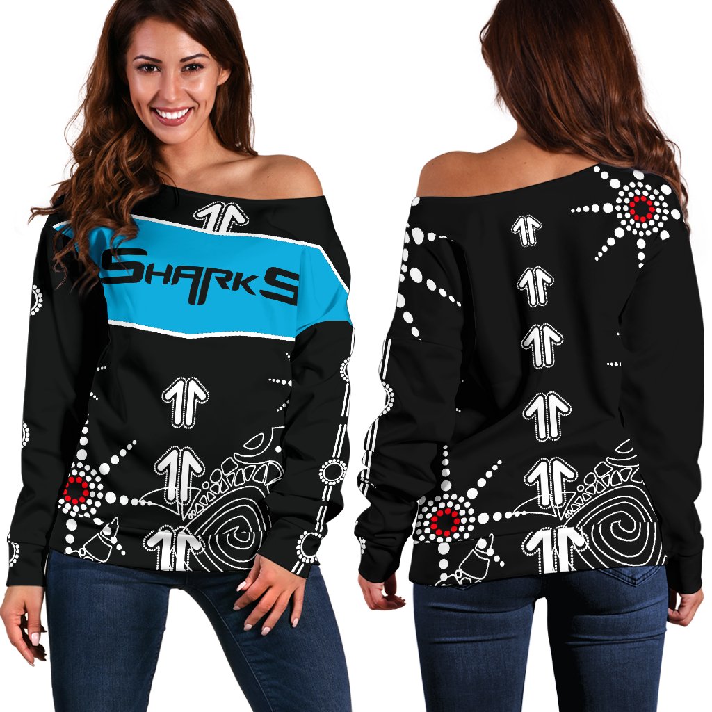 Sharks Women's Off Shoulder Sweater Aboriginal Black - Vibe Hoodie