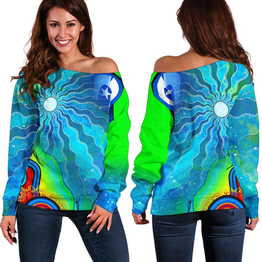 Off Shoulder Sweater - Torres Strait Islanders Flag with Aboriginal Patterns Sweater - Vibe Hoodie