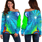 Off Shoulder Sweater - Torres Strait Islanders Flag with Aboriginal Patterns Sweater - Vibe Hoodie