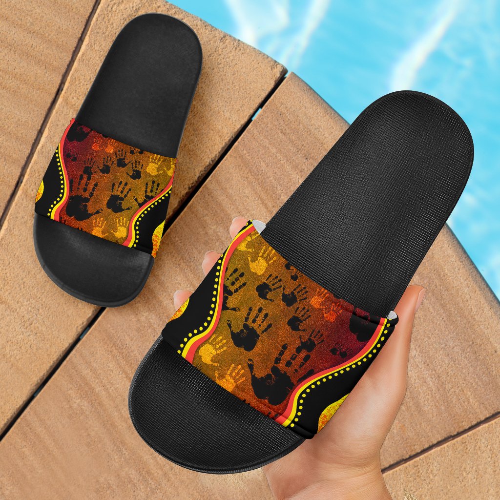 slide-sandals-indigenous-rock-painting-hand-art-golden-style-black