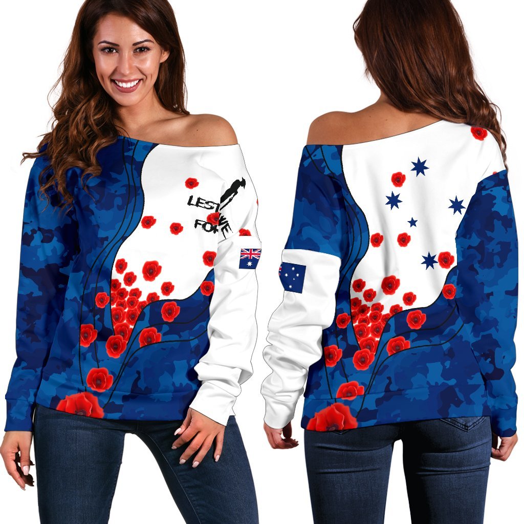 Anzac Lest We Forget Women's Off Shoulder Sweater - Australian Flag Blue - - Vibe Hoodie