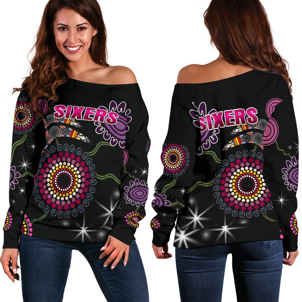 Sydney Women's Off Shoulder Sweater Sixers Indigenous - Black - Vibe Hoodie