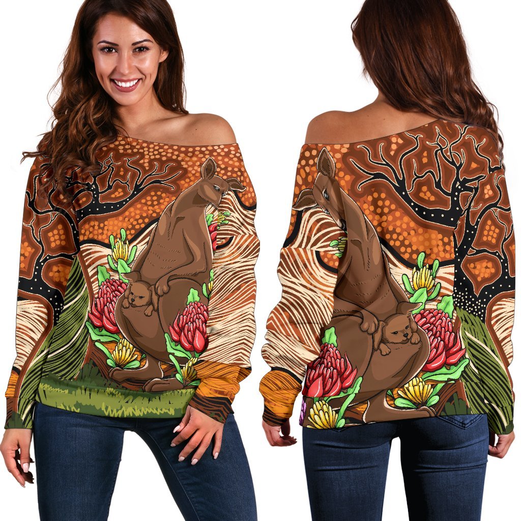 Aboriginal Women's Off Shoulder Sweater - Kangaroo With Indigenous Tree - Vibe Hoodie