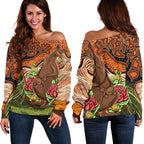 Aboriginal Women's Off Shoulder Sweater - Kangaroo With Indigenous Tree - Vibe Hoodie