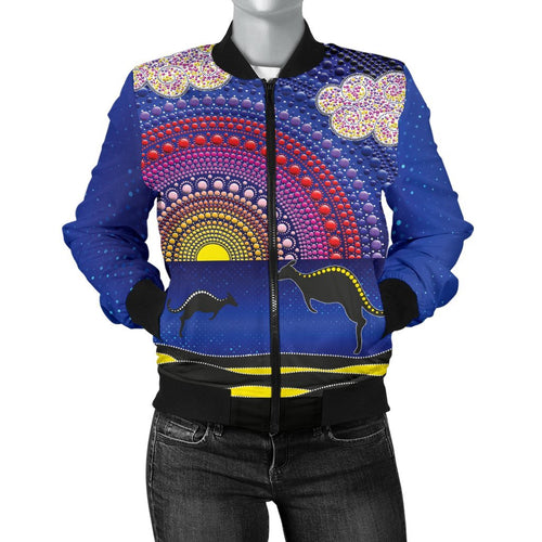 aboriginal-womens-bomber-jacket-sunset-over-the-sea-and-kangaroo-dot-painting