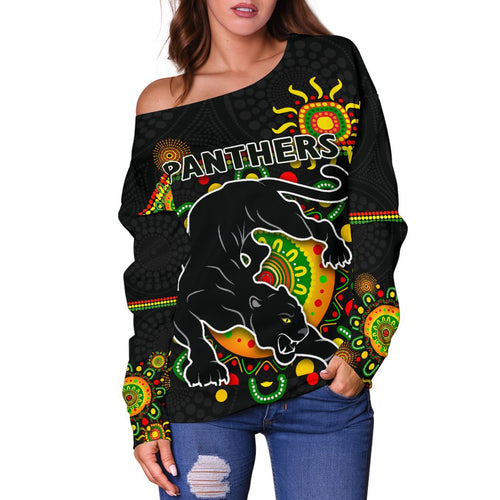Penrith Women Off Shoulder Sweater Indigenous Panthers - Black - Vibe Hoodie