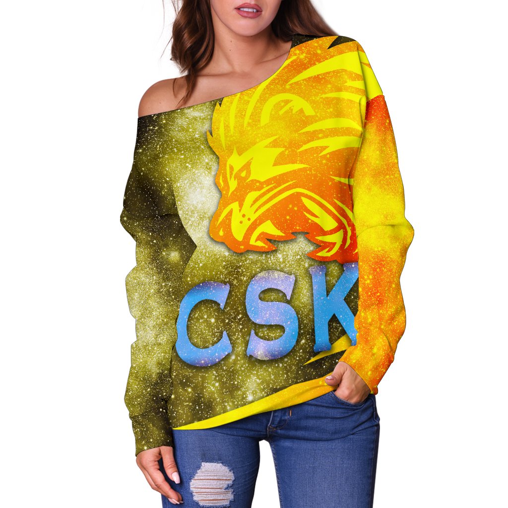 CSK Women Off Shoulder Sweater Cricket Universe Energy Vibes - Vibe Hoodie