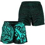 New Zealand All Over Print Women's Shorts, Maori Polynesian Tattoo Turquoise - Vibe Hoodie