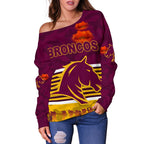 Brisbane Broncos Women's Off Shoulder Sweater Anzac Day Simple Style - Maroon - Vibe Hoodie