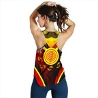 Aboriginal Women's Racerback Tank-  Indigenous Flag With Footprint Hand Art- - Vibe Hoodie