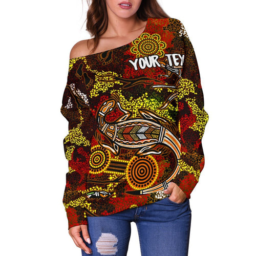 [Custom] Aboriginal Women's Off Shoulder Sweater , Kangaroo and Lizard Dot Painting Art - Vibe Hoodie