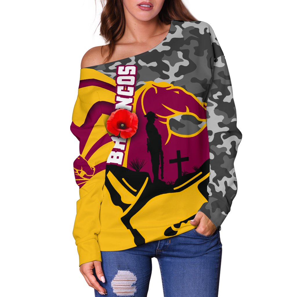 (Custom Personalised) Brisbane Broncos Women's Off Shoulder Sweater Anzac Day - Camo Style - Vibe Hoodie