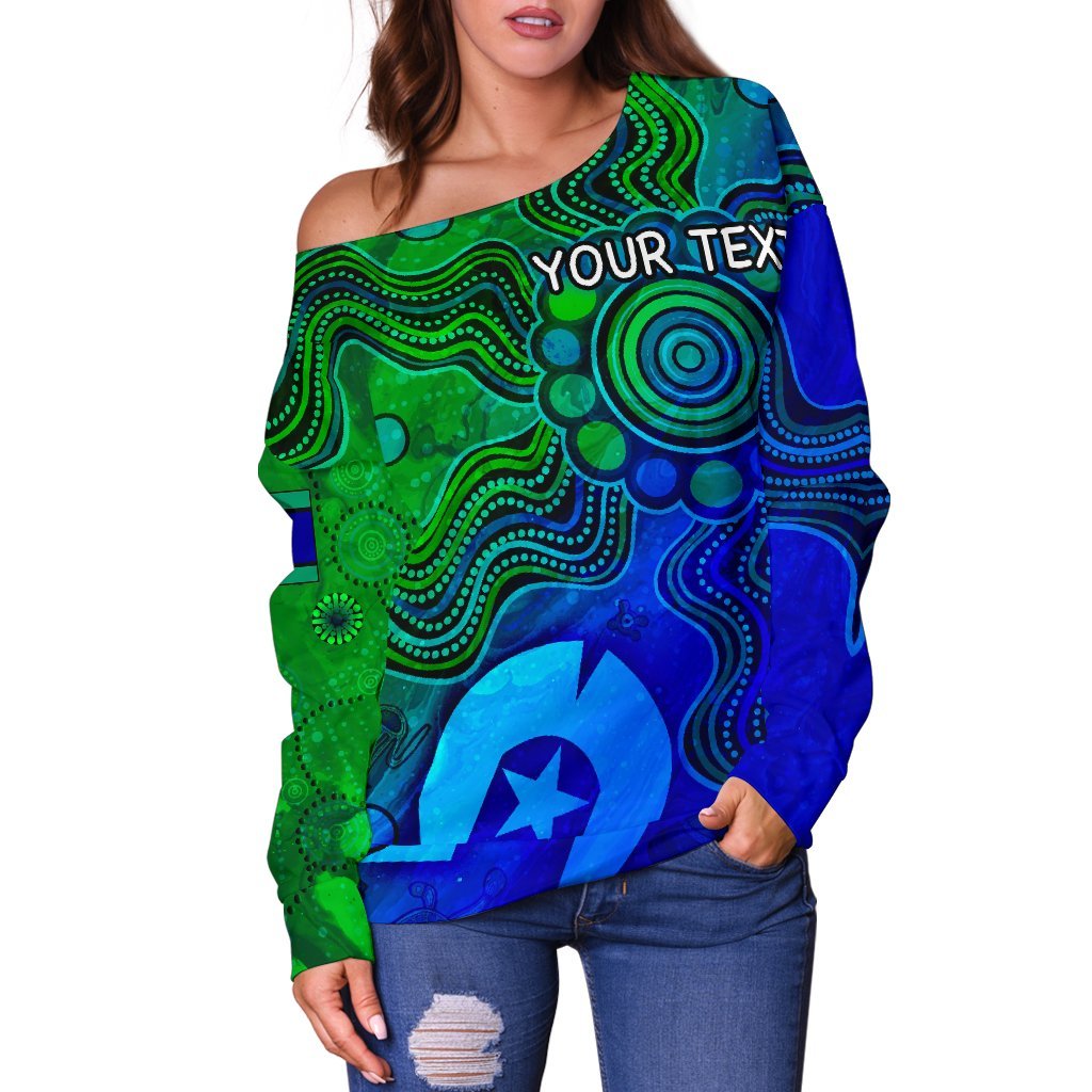 [Custom] Aboriginal Women's Off Shoulder Sweater , Torres Strait Islands Flag - Vibe Hoodie