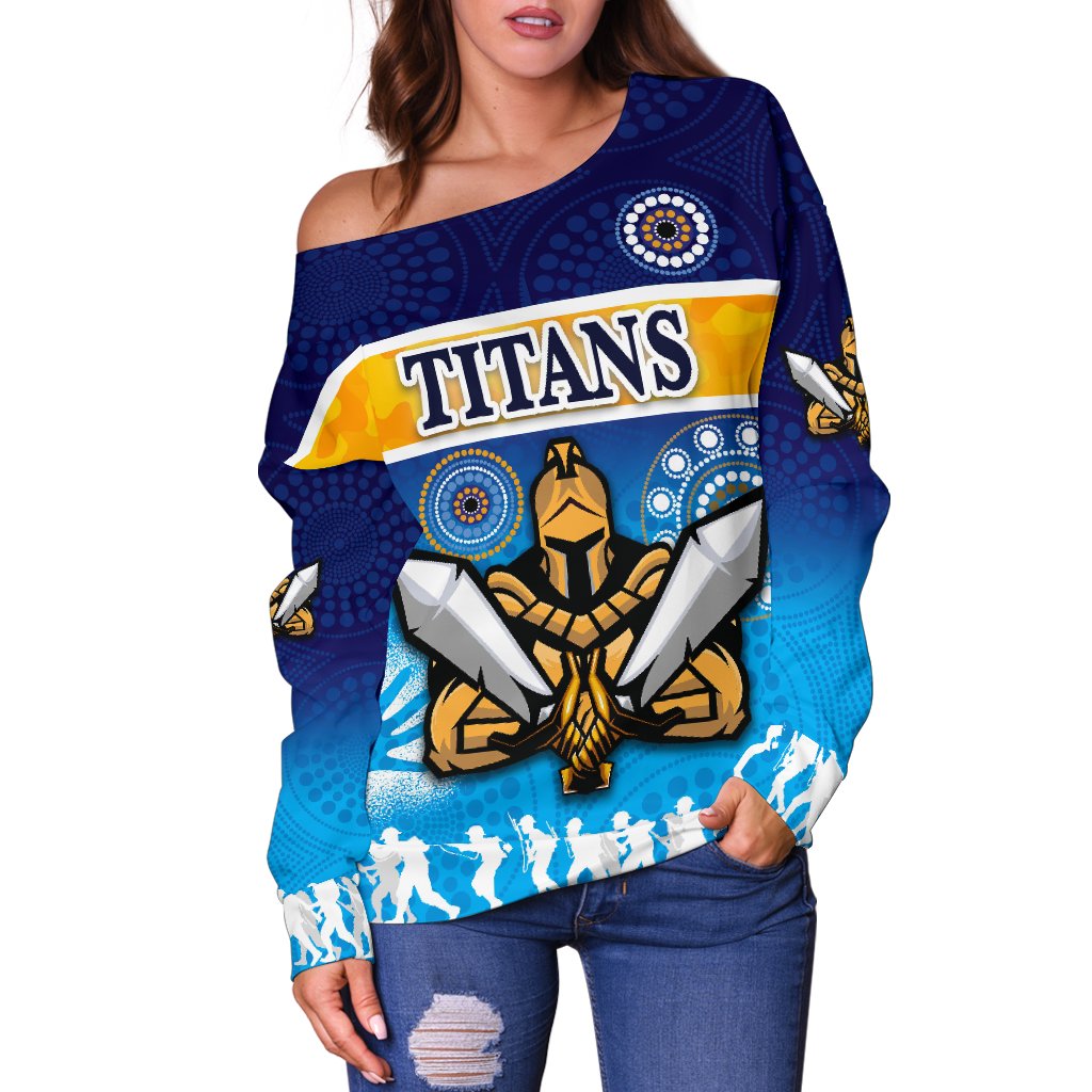 Gold Coast Women Off Shoulder Sweater Titans Gladiator Anzac Day 2021 Version - Indigenous - Vibe Hoodie