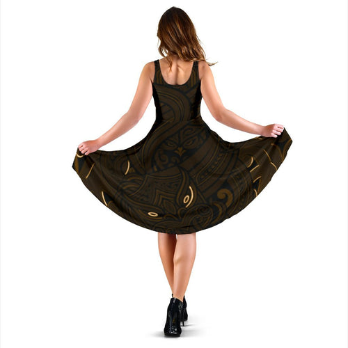 New Zealand Maori Gods Women Midi Dress Tumatauenga (God of War) - Gold - Vibe Hoodie