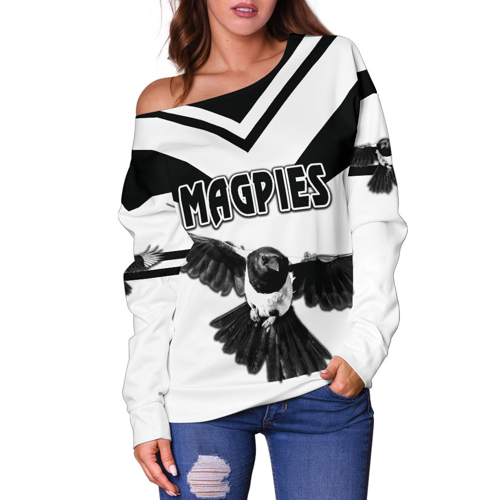 Western Suburbs Magpies Women's Off Shoulder Sweater Original Style - White - Vibe Hoodie