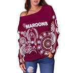 Queensland Women's Off Shoulder Sweater Maroons Simple Indigenous - Vibe Hoodie