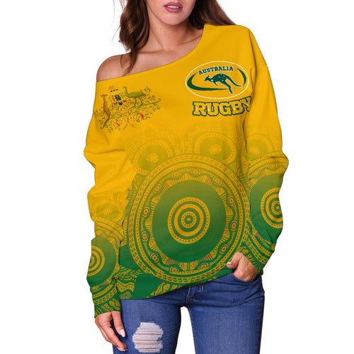 [Custom] Aboriginal Women's Off Shoulder Sweater, Australia Rugby and Coat Of Arms - Vibe Hoodie
