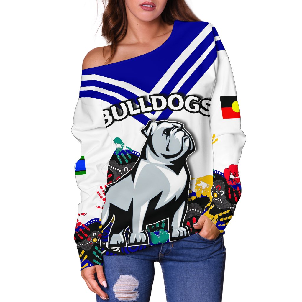 Naidoc Bulldogs Women's Off Shoulder Sweater Aboriginal Hand - Vibe Hoodie